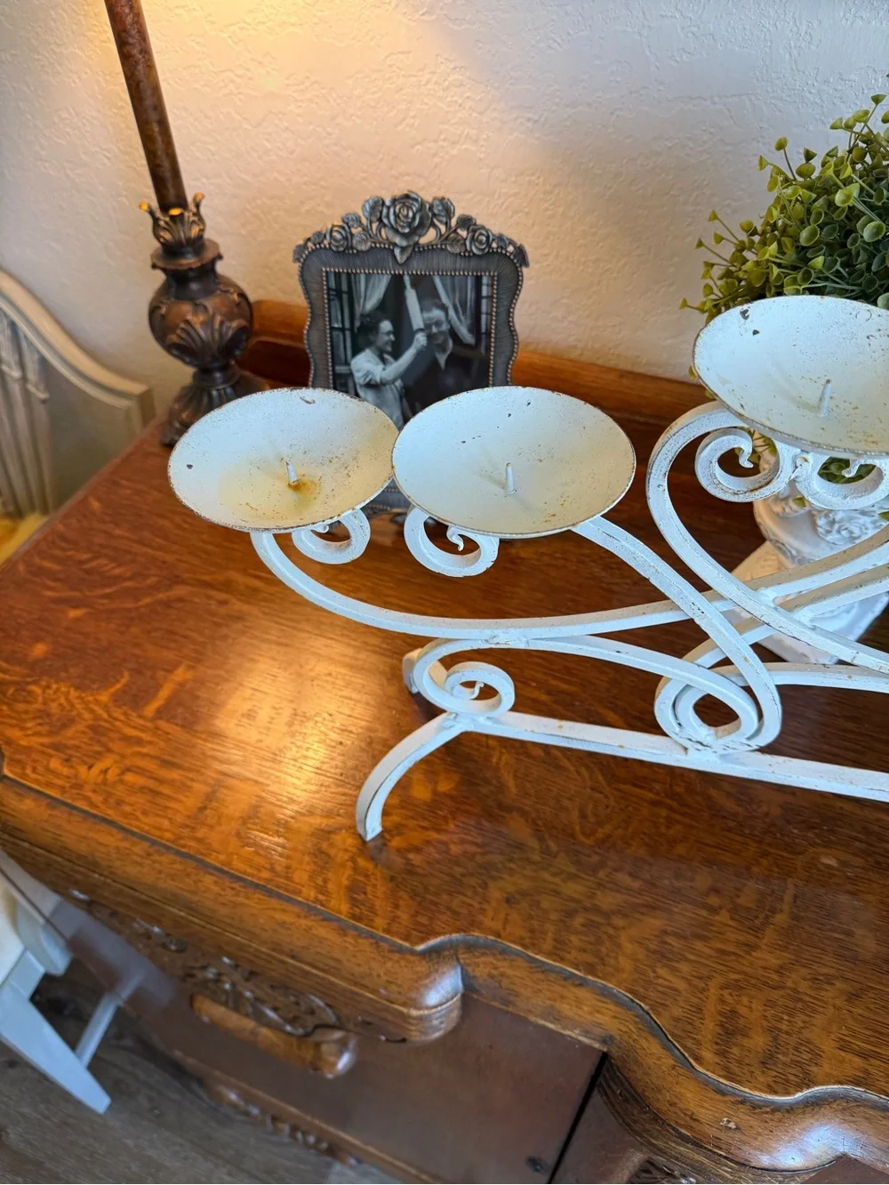 Vintage Cast Iron White Farmhouse 5-Arm Candle Holder with Genuine Patina